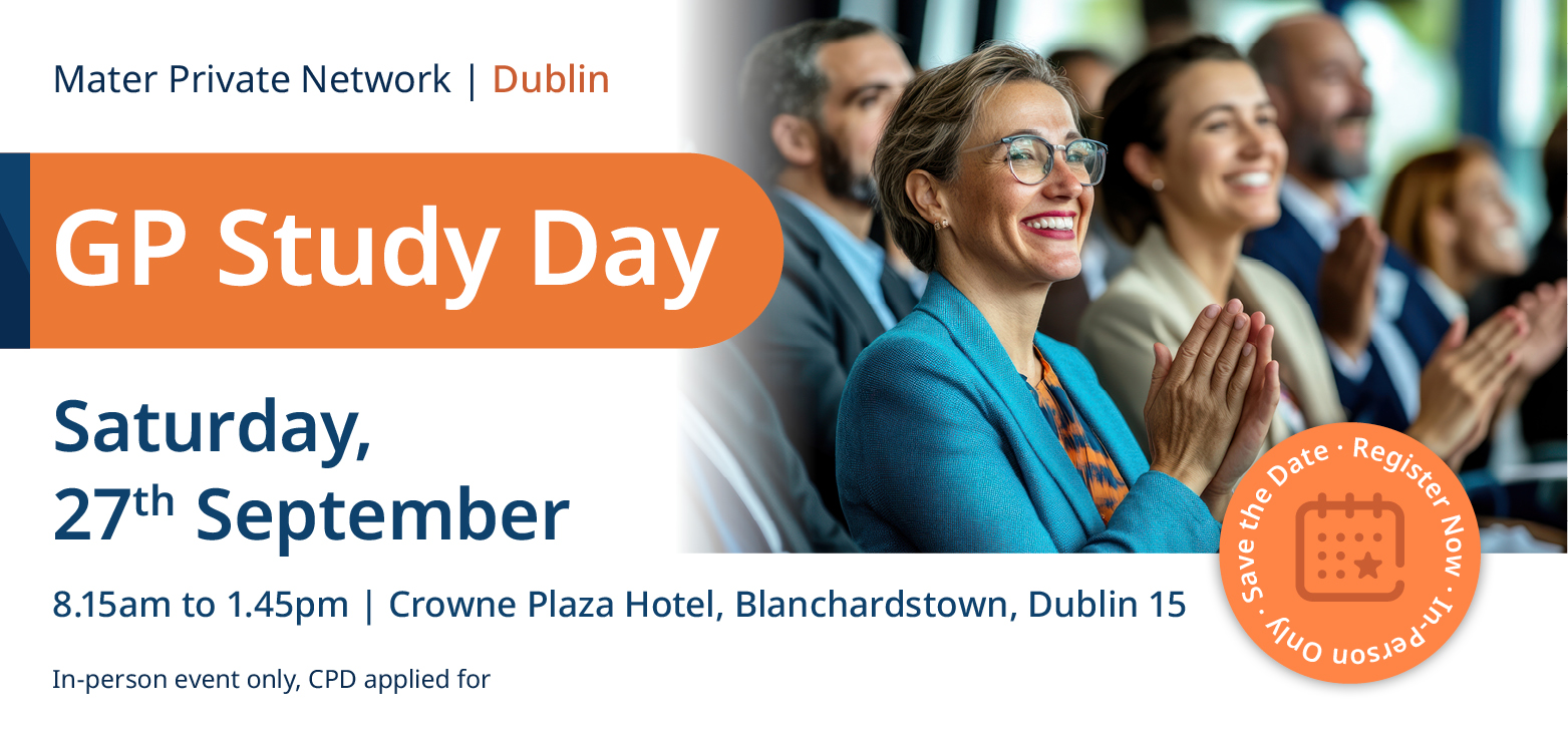 2225 GP Study Day Banner Dublin 02 Details of the GP Study Day on Saturday 27th September, from 8.15am to 1.45pm at the Crowne Plaza Hotel, Blanchardstown is on the left. Women and men are clapping in an inserted image on the right.