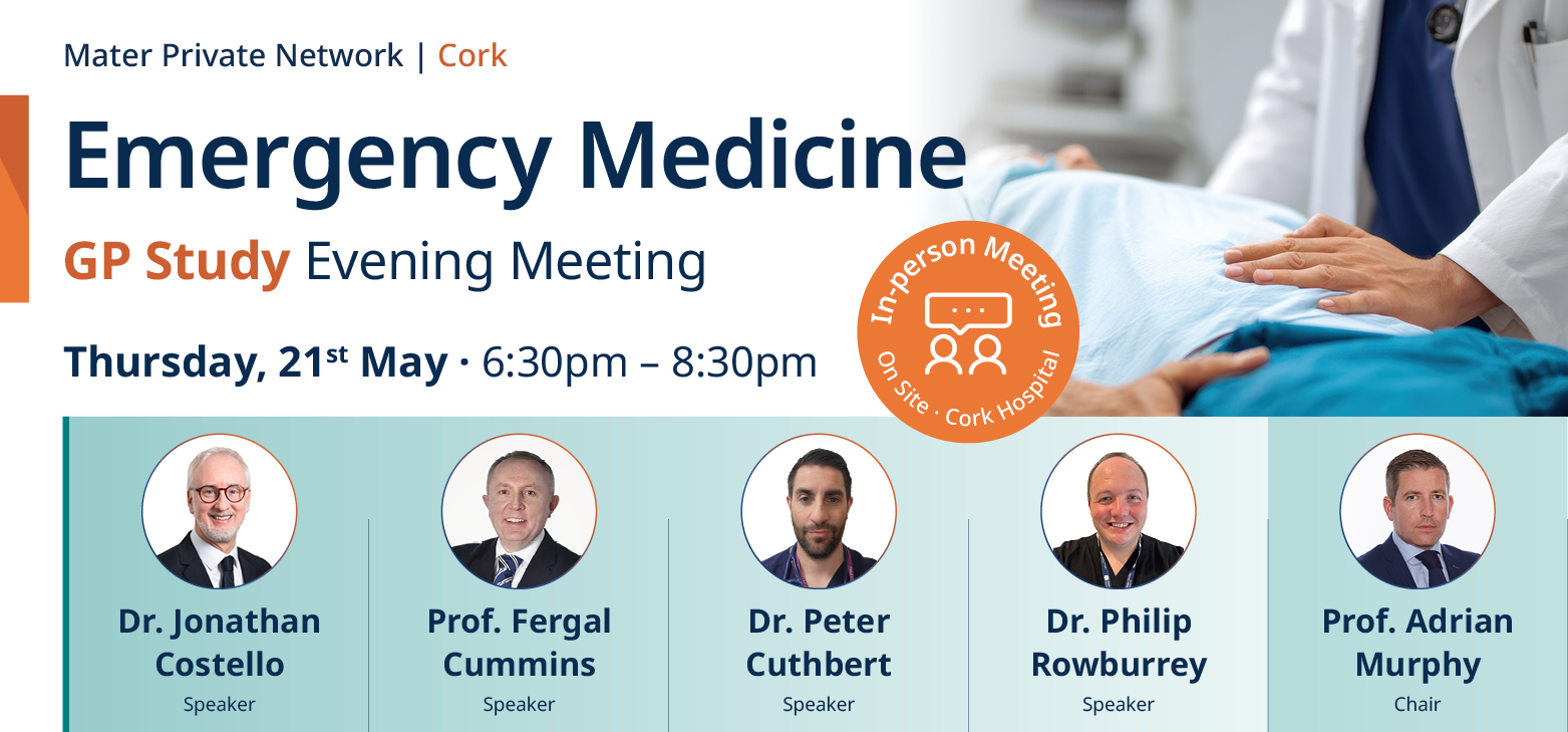 A promotional image featuring a doctor with his hand on a patient's stomach followed by details and pictures of speakers at the emergency event, all details of which follow this image