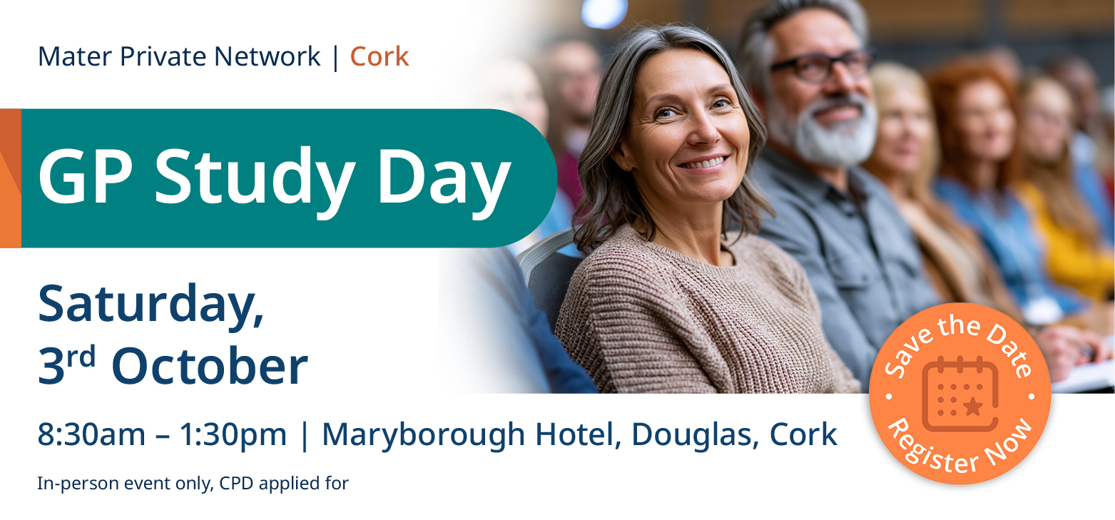 2390 Cork GP Study Day Banner FA A woman and man are sitting in a conference crowd and are smiling. They're beside a graphic with details about the Cork Study Day which are available after this image.