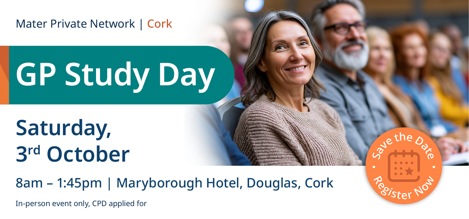 Cork GP Study Day Banner A woman and man are sitting in a conference crowd and are smiling. They're beside a graphic with details about the Cork Study Day which are available after this image.