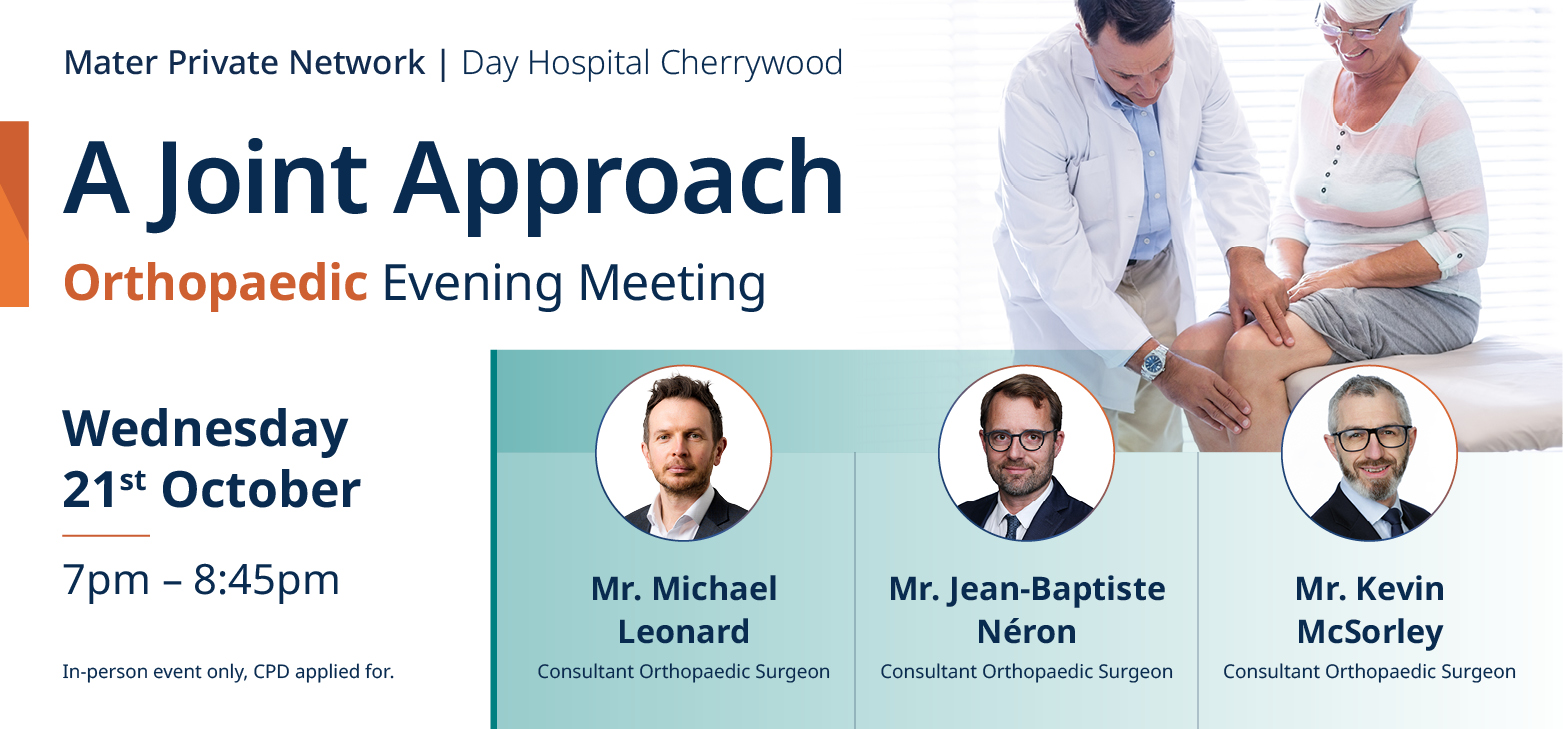 Cherrywood Ortho Study Evening Banner A doctor is examining a female patient's knee above headshots of the three speakers for this event and to the right of text explaining this event, all of which is in the description following this image.