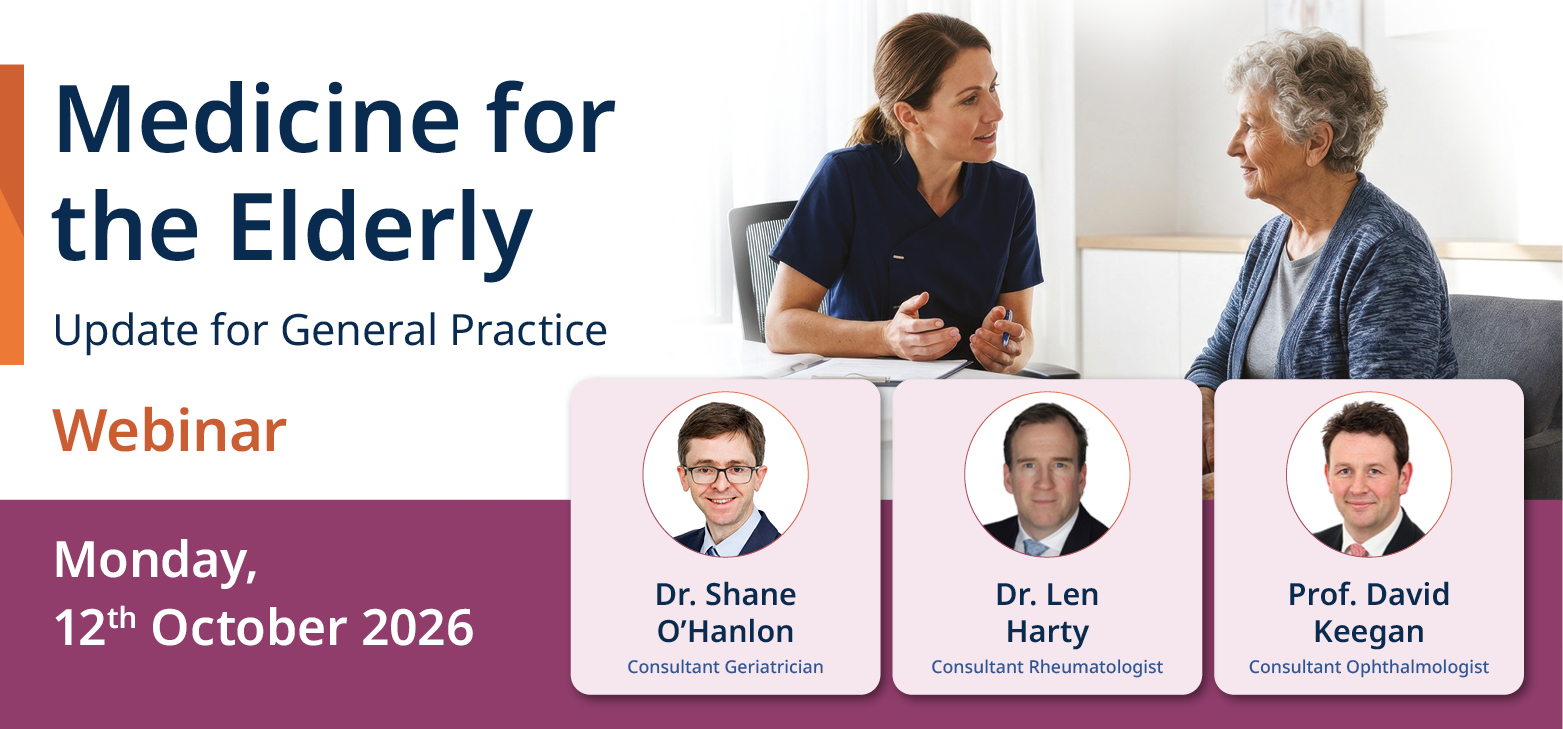 A female doctor is speaking to an eldery female patient above boxes with the three speakers and the information about the webinar to its left, all of which is in the event description after this image.