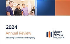 The Mater Private Network 2024 Annual Review cover. It has the title of the review against a white background below blue and orange squares which contain a picture of a clinical team working in our hospital.