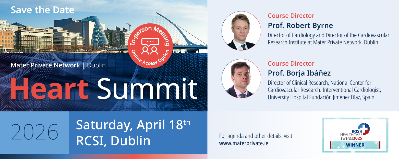Information available below about participants, location, and time of the Heart Summit on a backdrop image of the River Liffey.