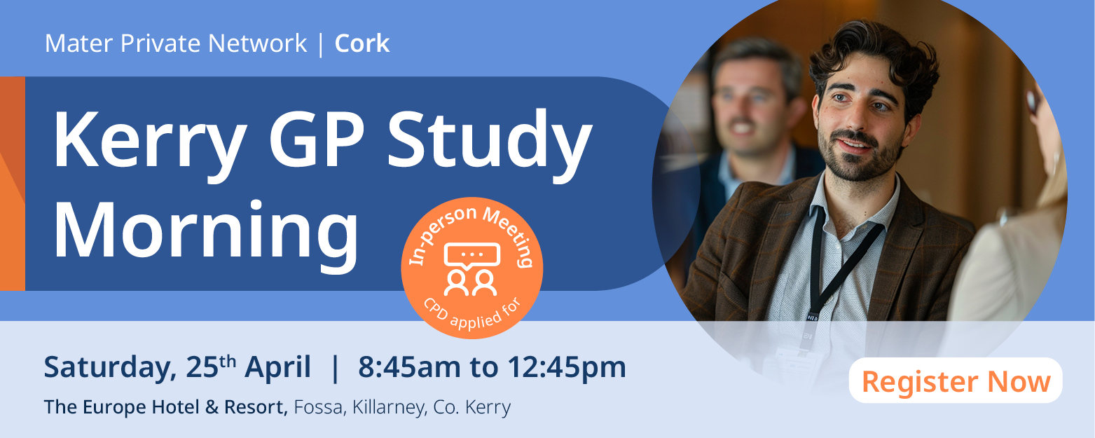A blue banner with a picture of a man and details of the Kerry GP Study morning. Details available below.