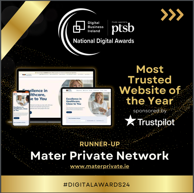 A black and gold graphic which shows the Mater Private Network website on various devices and has text on it which reads most trusted website of the year runner-up Mater Private Network.