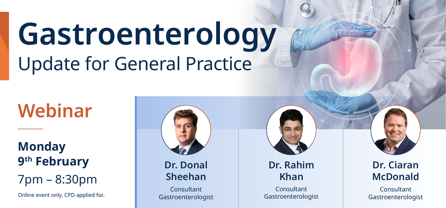 Information available below about participants, location, and time of the Gastroenterology Update for General Practice on a backdrop image A doctor with hands around a stomach icon