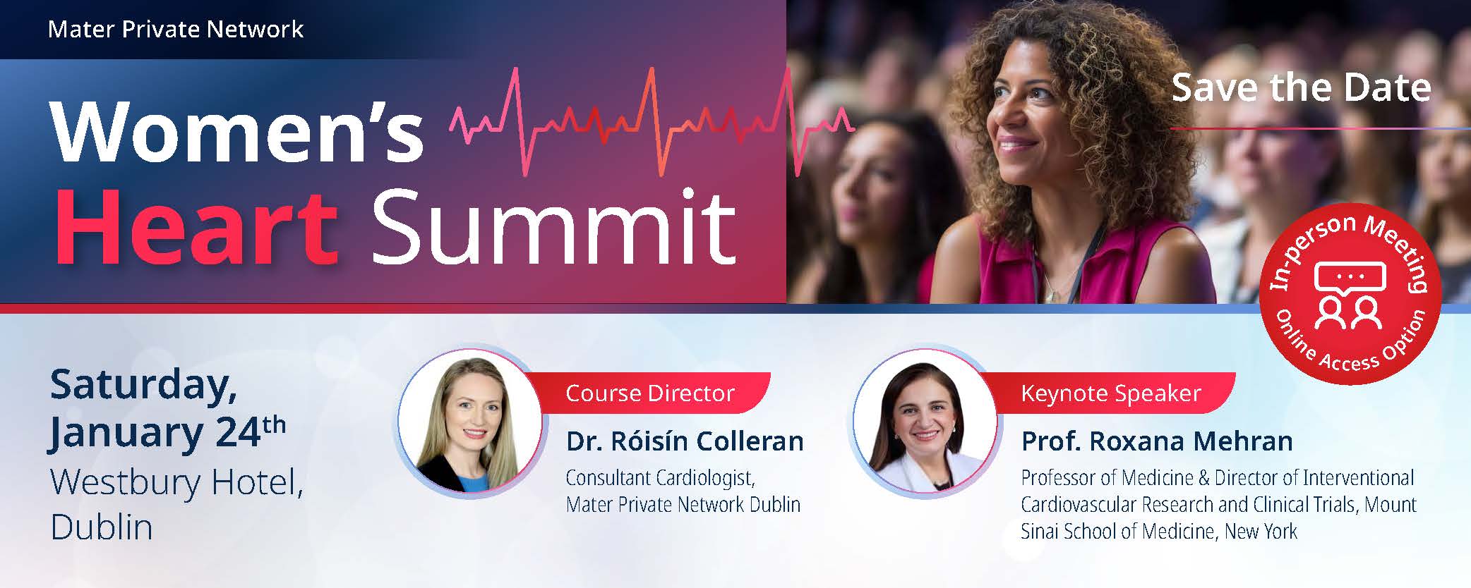 A banner image for the Women's Heart Summit which has pictures of the course director and keynote speaker on it. The banner is shades of dark blue, light blue and pink.