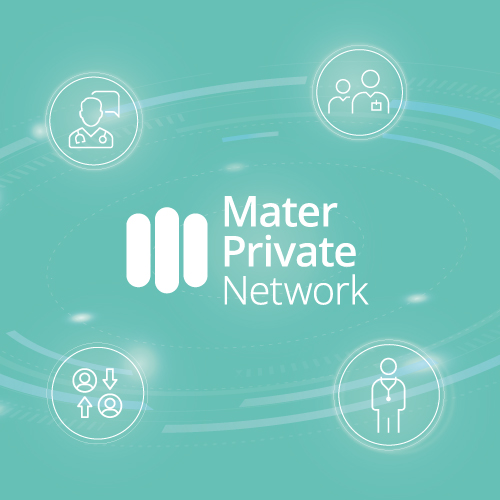 Mater Private Network logo alongside an abstract design representing connectivity and integrated care through icons