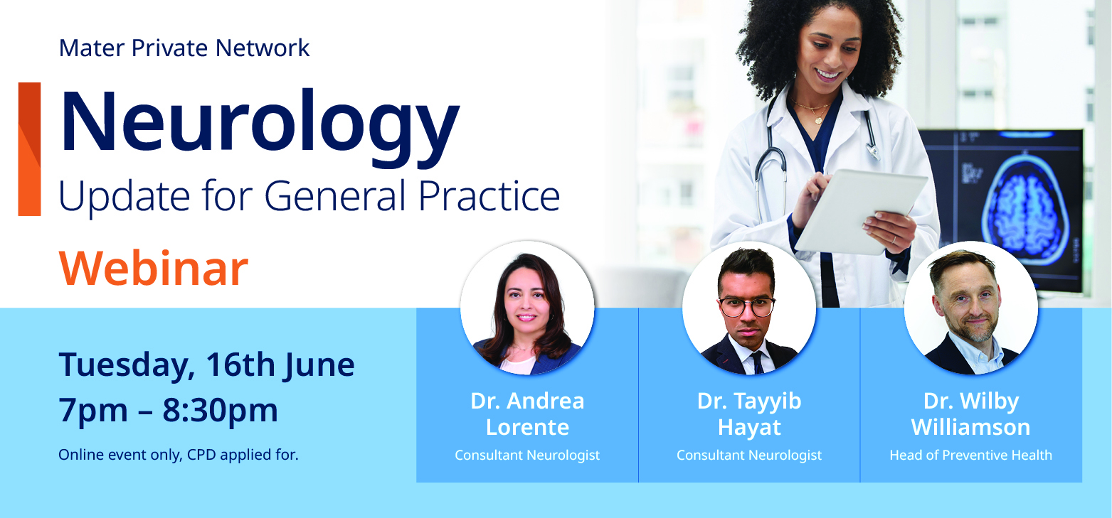 Webinar Neurology Banner A doctor is holding a tablet in front of a brain scan. Dr. Andrea Lorente, Dr. Tayyib Hayat, and Dr. Wilby Williamson's headshots are under the doctor.