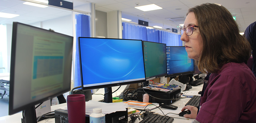 Donna is sitting at a desk and working on a computer screen.