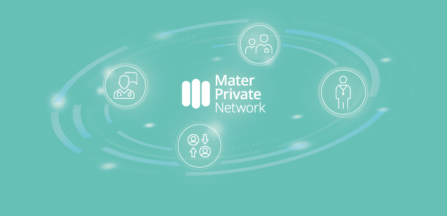 Mater Private Network logo alongside an abstract design representing connectivity and integrated care through icons