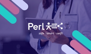 A medical professional in a white coat with a stethoscope is holding an electronic tablet. The Perl logo is over the image against a purple background.
